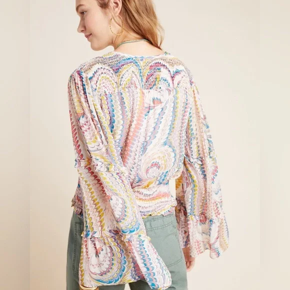 Anthropologie Maeve Jessa Peasant Blouse Smocked Bell‎ Sleeve Boho Flare Size XS - Picture 2 of 11